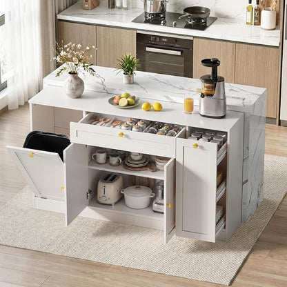 ONBRILL 63" Kitchen Island with Storage, Island Table with Power Outlet & Trash Cabinet, Kitchen Island with Marble Countertop for Kitchen, Dining Room, Living Room, White