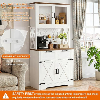 Unikito 71" Pantry Cabinet with LED Light & Outlet, Tall Kitchen Pantry Storage Cabinet with Microwave Stand, DIY Pegboard, Drawers and Adjustable Shelf, Farmhouse Kitchen Hutch for Dining Room