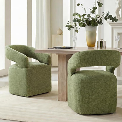 KISLOT Upholstered Dining Chairs Set of 4, Modern Arm Kitchen & Dining Room Chairs with Hidden Casters, Linen Fabric Padded Rolling Chairs, Sturdy Wood Frame, 300 lbs Capacity, Moss Green