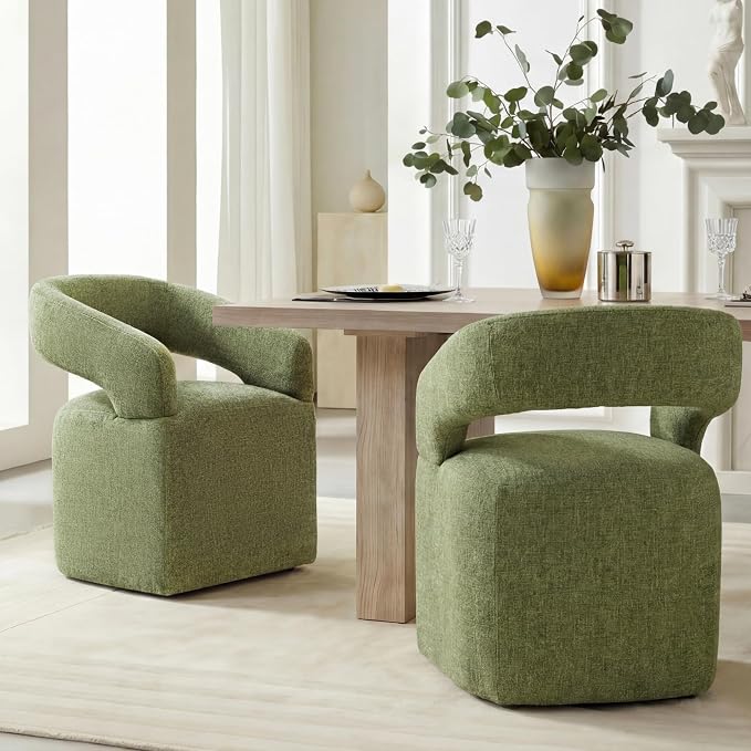 KISLOT Upholstered Dining Chairs Set of 2, Modern Arm Kitchen & Dining Room Chairs with Hidden Casters, Linen Fabric Padded Rolling Chairs, Sturdy Wood Frame, 300 lbs Capacity, Moss Green