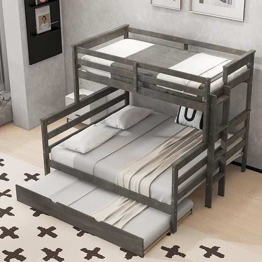 Wood Bunk Bed Twin XL Over Queen Size with Trundle, Detachable Design Bunk Bed Frame with Safety Guardrail, Ladder and Sturdy Slats Support (Grey+Trundle)