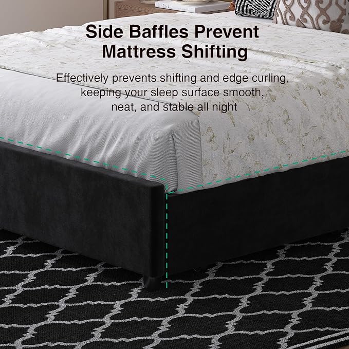 Novilla King Bed Frame and Headboard, King Size Bed Frame with Storage Drawers, King Bed Frame with LED Lights, Charging Station and Adjustable Headboard, No Box Spring Needed, Black Velvet