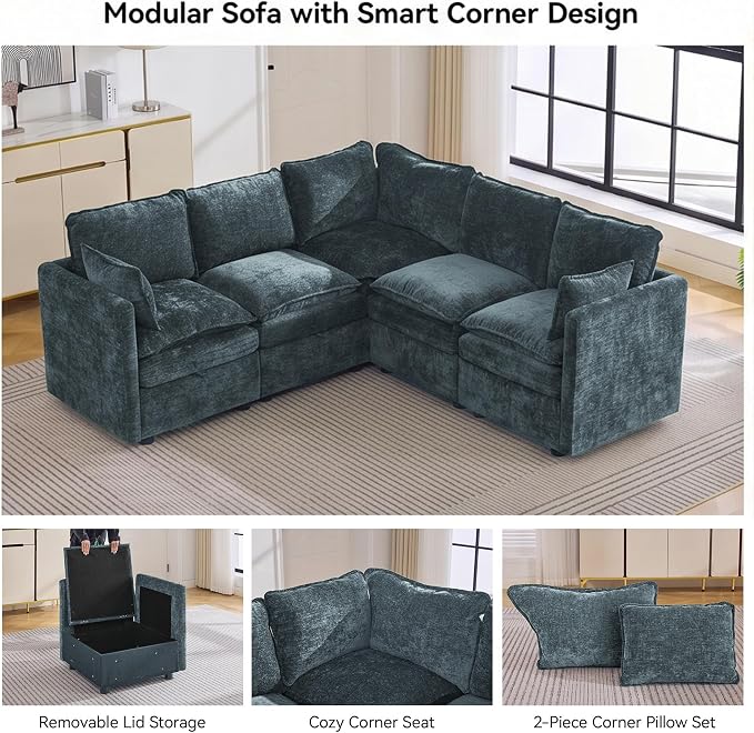 80" Blue Modular Storage Sofa, V Shaped Chenille Cloud Couch with Armrest | Oversized Convertible Sectional Sofa, 5-Seat Sectional Couch With Armrests, Large Cloud Couch For Living Room, Apartment.