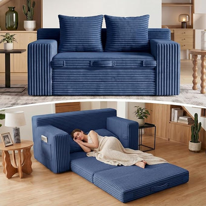 Boneless Loveseat Sofa Bed, Tri-Folding Convertible Futon Sleeper with Handle & Side Pockets, 54'' Boneless Couch with Hook and Loop No Assembly for Small Space,Living Room & Bedroom