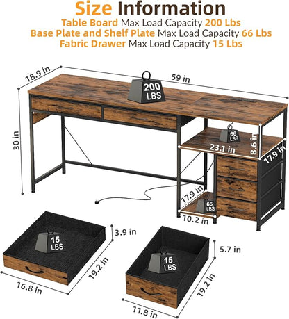 YOSHOOT 60" Computer Desk with 5 Fabric Drawers, Gaming Desk Table | Desk with Storage and Power Outlets, for Adults and Teenagers Working Writing Study, Rustic Brown
