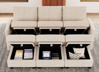 Belffin Modular Sectional Sleeper Sofa with Storage Seat 6 Seat Sectional Sleeper Sofa Bed Corduroy Convertible Sectional Couch with Reversible Chaise Beige Modular Couch for Living Room