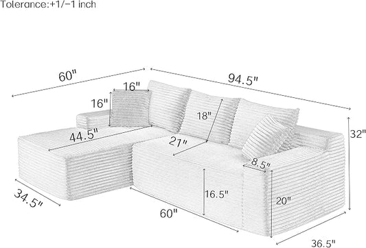 95" L-Shaped Cloud Sectional Couch, Left Facing Modular Compressed Boneless Sectional Sofa with Chaise Lounge, Plush Corduroy Boneless Corner Sofa for Living Room