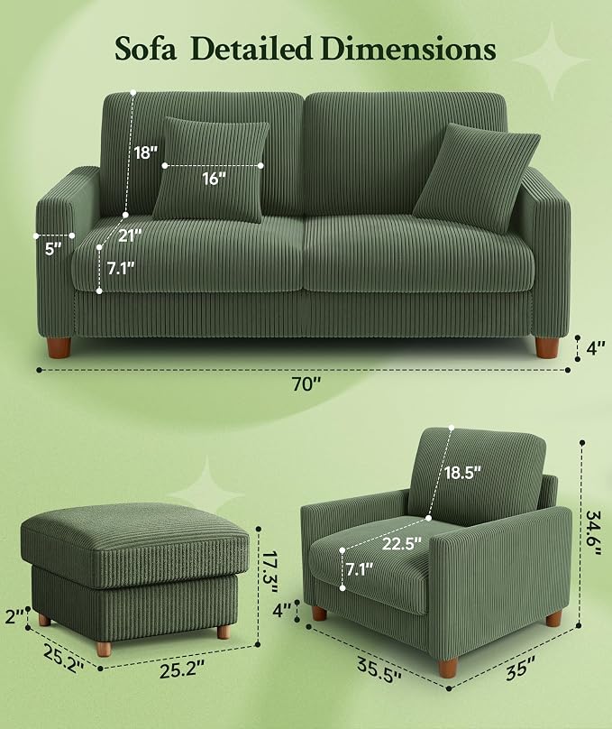 Welzona 70.2" Couches for Living Room, Comfy Sofa Set Tool-Free Setup, Corduroy Couch Set 7.1" Thicker Cushion, Accent Chair with Ottoman 848lbs Support, Sofas for Living Room Home Office, Green