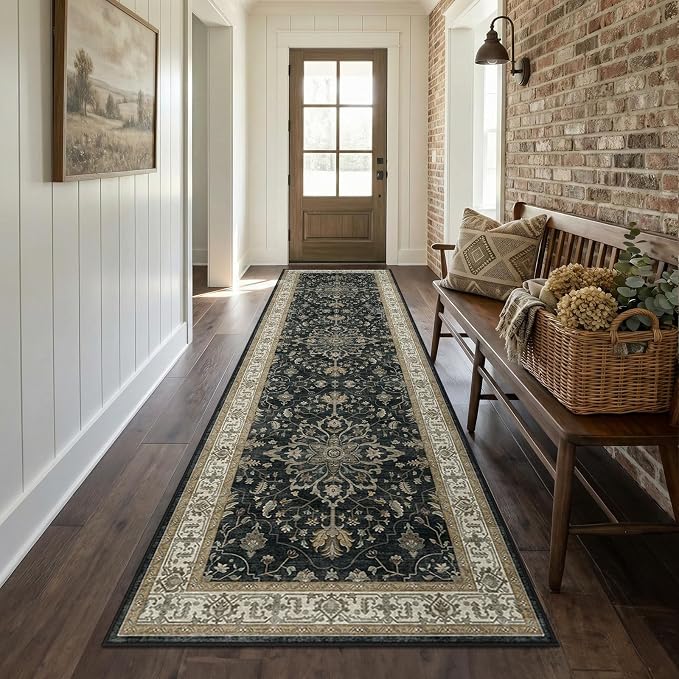 RELEANY Area Rugs Runner 2'6"x8' Washable Non-Slip, Floral Vintage Distress Medallion Carpet for Kitchen Hallway Bedroom Beside Laundry Room Bathroom, Vintage Black Brown Neutral