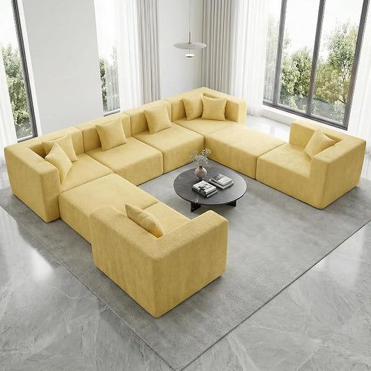 MONVANE Modular Sectional Sofa, Oversized 8 Seat Convertible U Shaped Couch with Ottoman, Comfy Teddy Velvet Cloud Couch with Deep Seat, Sectional Couches for Living Room, No Assembly Required, Yellow