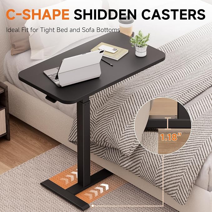 GTPLAYER Small Standing Desk with Hidden Wheels, Pneumatic Mobile Rolling Laptop Desk, Adjustable Height Overbed Bedside Table Computer Workstation for Home Office (28" W x 16" D, Black)