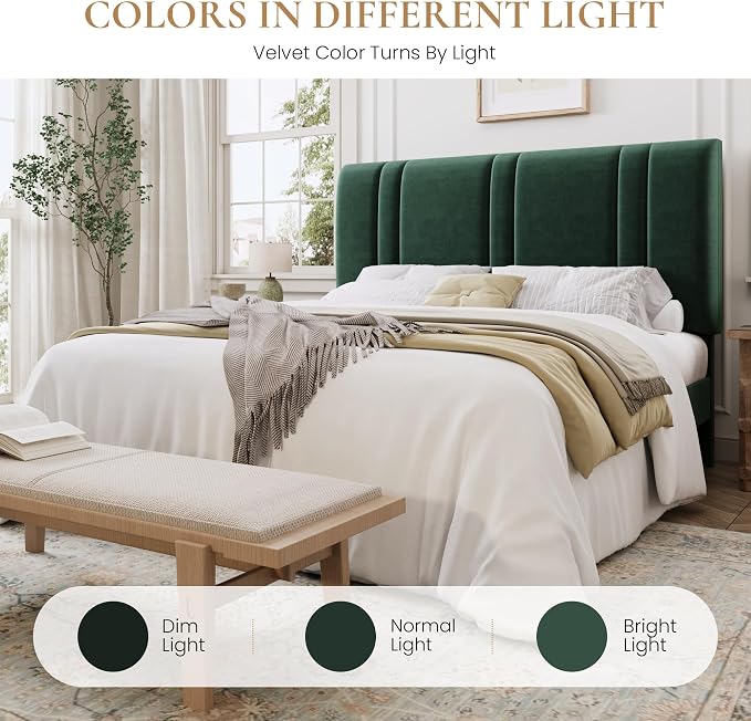 SHA CERLIN Full Size Platform Bed Frame, Velvet Upholstered Bed with Adjustable Headboard, Vertical Channel Tufted Design, Sturdy Wood Slat Support, No Box Spring Needed, Easy Assembly, Green