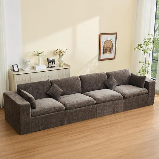 146''Cloud Boneless Sectional Couch, Modular Sectional Sofa Deep Seat, Oversized Upholstered Convertible Comfy 4 Seater Chenille Memory Foam Sofa Couches for Living Room, Brown