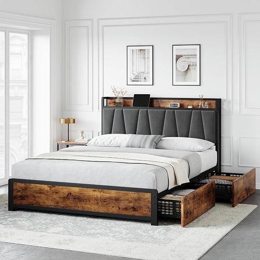 GAOMON Queen Size Bed Frame with Storage Linen Upholstered Headboard, 4 Drawers Platform Bed Frame with Charging Station, No Box Spring Needed, Easy Assembly, Vintage Brown