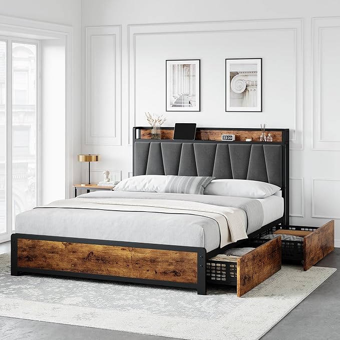 GarveeHome Full Size Bed Frame with Storage Linen Upholstered Headboard, 4 Drawers Platform Bed Frame with Charging Station, No Box Spring Needed, Easy Assembly, Rustic Brown