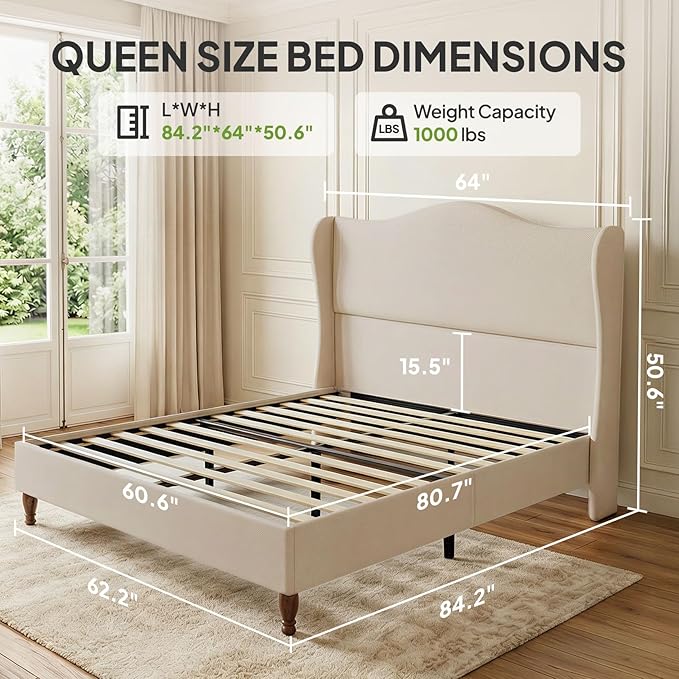 Welzona Queen Size Bed Frame 51" Tall Wingback Headboard, Soft Fabric Upholstered Platform Bed with Solid Wood Legs and Wooden Slats Support, No Box Spring Needed, Easy Assembly, Beige