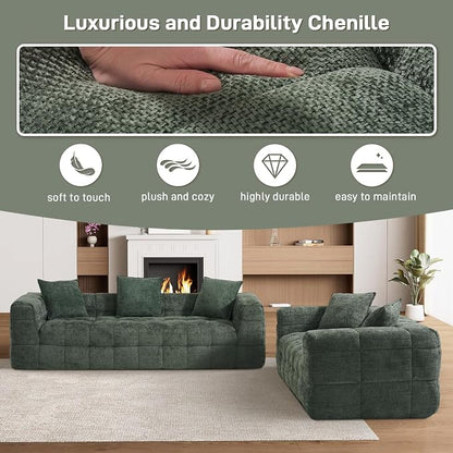 DAMAIFROM Chenille Cloud Sofa Couch Set with 5 Soft Pillows,Comfy Upholstered Chenille LoveSeat Sofa Set,Modern Deep Seat Sherpa Cloud Couch, Oversized Love Seat for Living Room,Olive Green