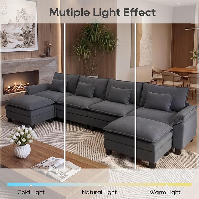 URRED Oversized Modular Sectional Sofa, 157" U Shaped Modern Comfy Cloud Couch with Movable Ottoman & Pillows, Deep Seat Couches for Living Room, Bedroom or Apartment (Velvet Grey, 157" U Shaped)