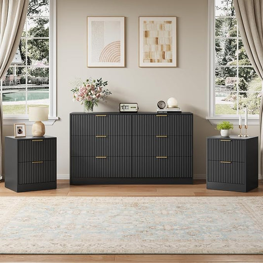 6 Drawer Dresser & Nightstand Set 3-Piece, 55” Wide Bedroom Dresser and Night Stand Set of 2 with Metal Handle, Fluted Modern Wood Chest of Drawers Storage Dressers Set for Bedroom, Black