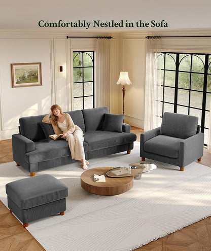 Welzona 87.2" Couches for Living Room, Comfy Sofa Set Tool-Free Setup, Corduroy Couch Set 7.5" Thicker Cushion, Accent Chair with Ottoman 848lbs Support, Sofas for Living Room Home Office, Grey