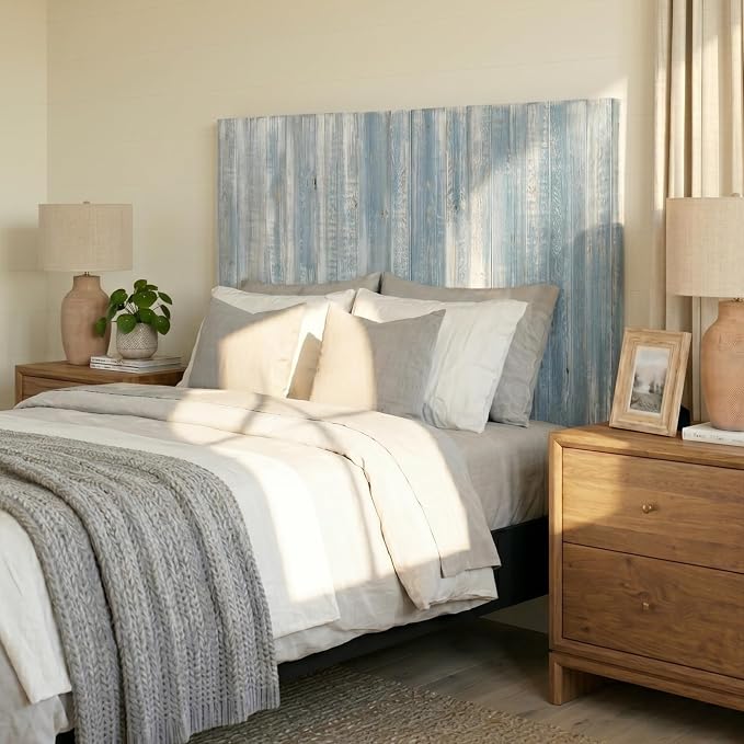 Barn Walls California King Wood Headboard - Blue Powderwash Farmhouse Design - Wall Mounted Floating Headboard for California King Bed - Handcrafted Solid Wood - Easy No-Drill Installation