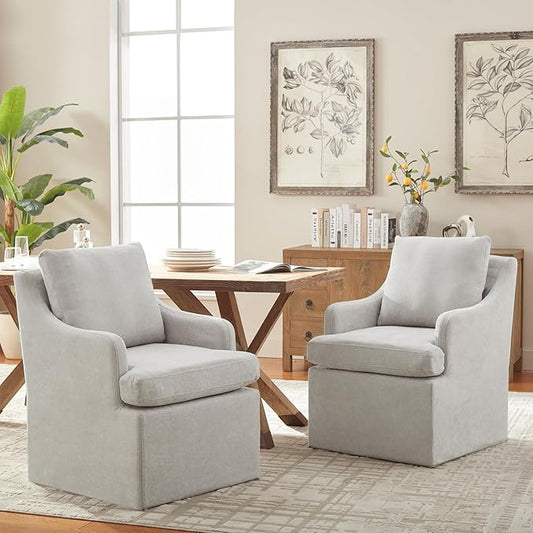 VKNOW Upholstered Dining Chairs Set of 2, Modern Kitchen Chairs Dinner Chairs with 4 Casters, Chenille Armchair for Bedroom Reading Room Living Room, Light Grey