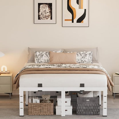 18 Inch Full Size Bed Frames, Heavy Duty Metal Platform 3500 lbs Capacity, No Box Spring Needed, 6 Mattress Slide Stopper, Headboard Holes, Noise-Free, Easy Assembly, White