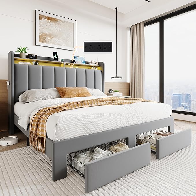 SHA CERLIN Velvet Full Size Bed Frame with Vertical Channel Tufted Wingback Headboard & 2 Storage Drawers/2-Tier Shelves with LED Lights & Charging Station/Noise-Free/No Box Spring Needed/Light Grey