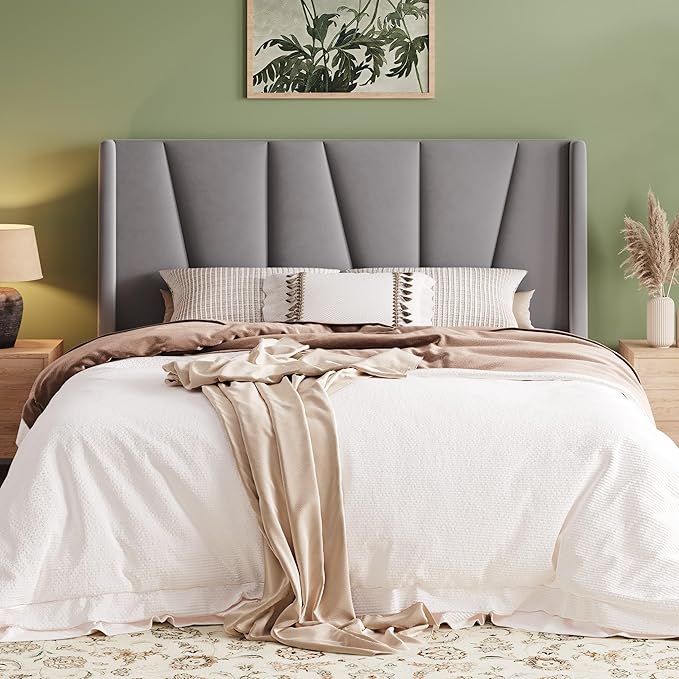 Allewie Queen Size Platform Velvet Bed Frame with Geometric Wingback Headboard, Boho Upholstered Bed with Wooden Slats Support, No Box Spring Needed, Easy Assembly, Light Grey