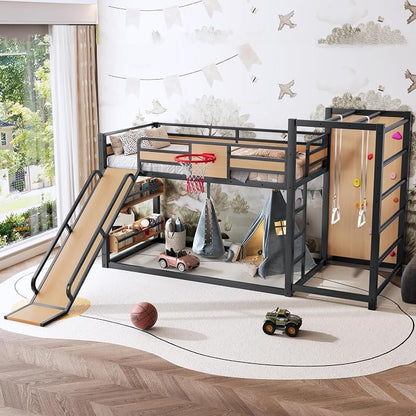 Bellemave Twin Size Bunk Bed with Basketball Hoop, Pull-up Rings and Climbing Wall, Twin Bunk Bed with Slide and Bookcase, Heavy Duty Bunk Beds with Guardrail, Natural