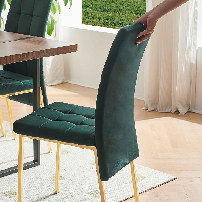 NORDICANA Upholstered Velvet Dining Chairs for 6, Classic High Back Kitchen Chairs Set of 6, Tufted Side Chairs, Golden Color Metal Legs, Forest Green