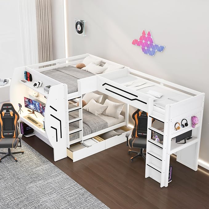 Twin&Full Over Full Triple Bunk Bed with Desk and Storage Drawers & LED,Charging Station,Solid Wood L-Shaped 3 Gaming Bunk Bed with Ladder,Guardrail,No Box Spring Needed (White,Twin & Full Over Full)