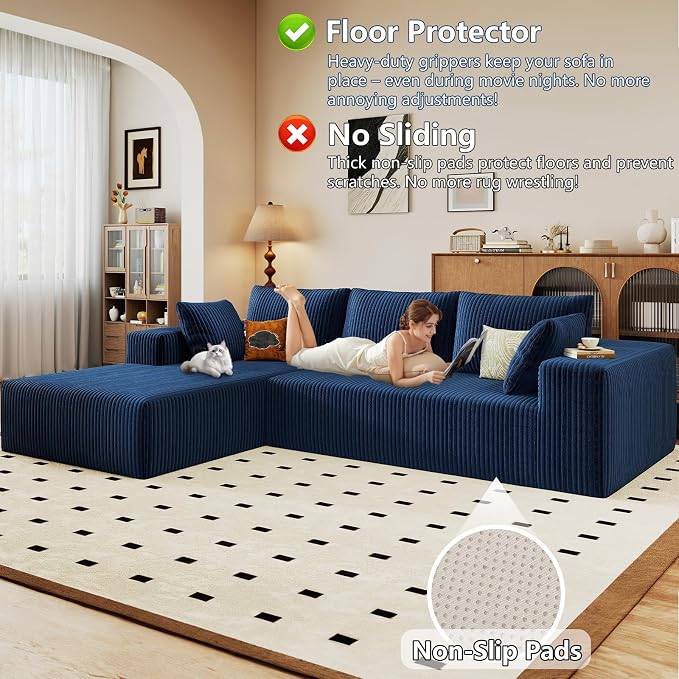96" Modular Sectional Sofa, Modern Corduroy Cloud Couch with Deep Seat, Boneless Couch Upholstered 3-Seater L-Shaped Sofa for Living Room, No Assembly Required (Blue, Left-Facing Chaise)