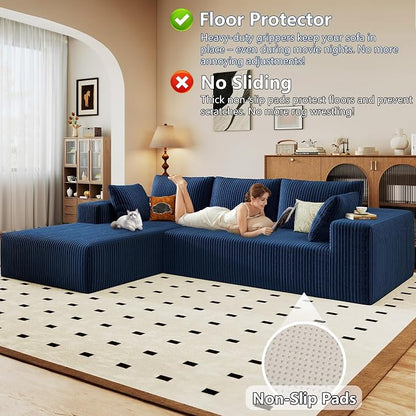 96" Modular Sectional Sofa, Modern Corduroy Cloud Couch with Deep Seat, Boneless Couch Upholstered 3-Seater L-Shaped Sofa for Living Room, No Assembly Required (Blue, Left-Facing Chaise)