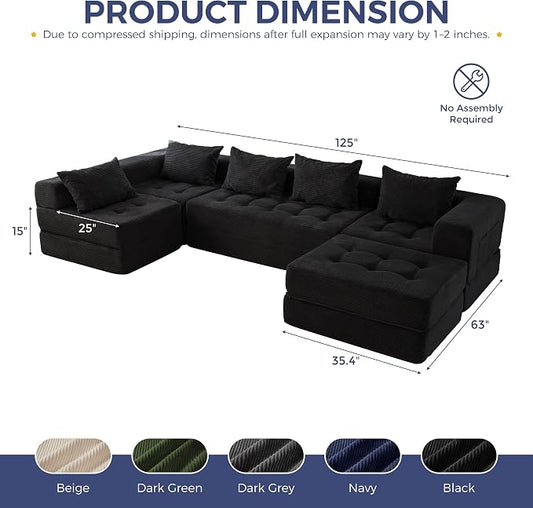 MAXYOYO Modular Sectional Sofa Couch, Foldable U Shaped Cloud Couch with Pillows, Tufted 6-Seat Boneless Sofa Lounger for Living Room, No Assembly Required, Black