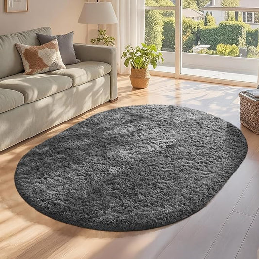 Ophanie 3x5 Oval Rug, Bedside Preppy Dorm Area Rug, College Essentials Non Slip Grey Small Carpets for Bedroom, Anti Slip Fluffy Gray Living Room Rugs Decor, Nursery with Over 99 pcs Pile fibers