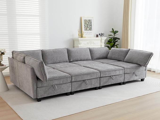 ORRD Oversize Sleeper Modular Sectional Sofa Set, Convertible Couch Bed with Storage, 8 Seater Sofa Modular for Living Room, Office (Grey)
