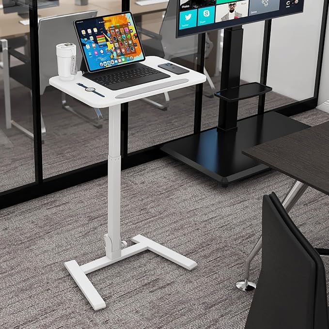 PUNCIA 25" Mobile Folding Desk, No Assembly Required Pneumatic Sit-Stand | Adjustable Height Laptop Table, 0-90° Tilt Top Computer Cart for Home Office, Small Space, Bedroom and Dorm, White