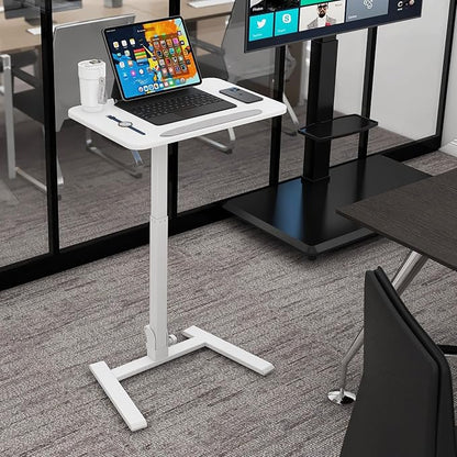 PUNCIA 25" Mobile Folding Desk, No Assembly Required Pneumatic Sit-Stand | Adjustable Height Laptop Table, 0-90° Tilt Top Computer Cart for Home Office, Small Space, Bedroom and Dorm, White