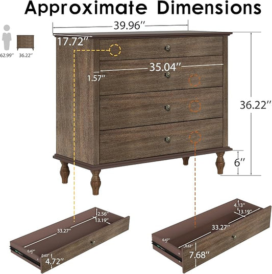 ALEVINE 40" Deep Rustic Brown Accent Chest with 4 Drawers, Farmhouse Wooden Dresser with Copper Handles