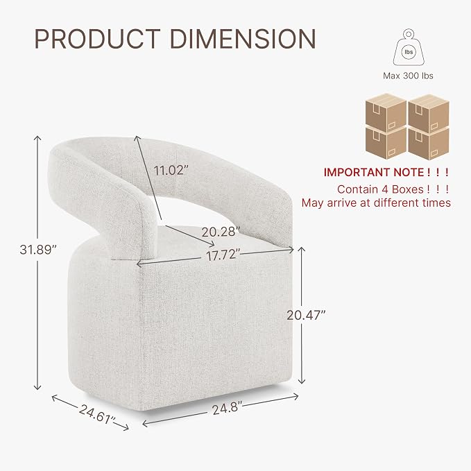 KISLOT Upholstered Dining Chairs Set of 4, Modern Arm Kitchen & Dining Room Chairs with Hidden Casters, Linen Fabric Padded Rolling Chairs, Sturdy Wood Frame, 300 lbs Capacity, Beige