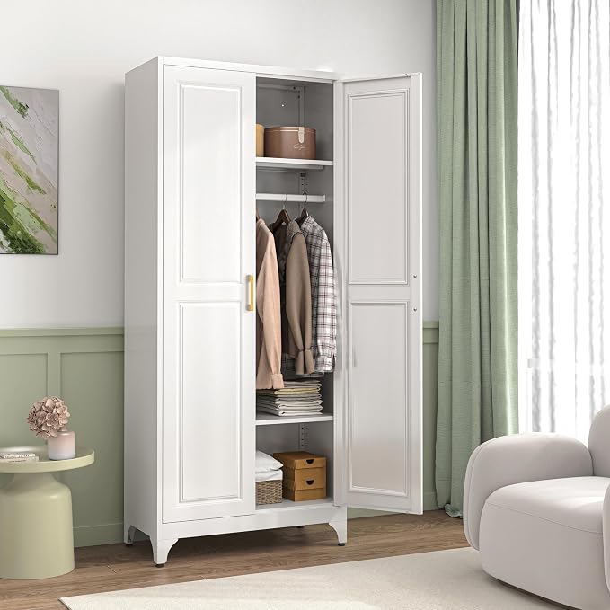 Metal Wardrobe Cabinets,Armoire Wardrobe Closet with Hanging Rod,Clothes Storage Cabinet with Adjustable Shelves and Doors,Clothing Cabinet for Bedroom,Office, Laundry Room