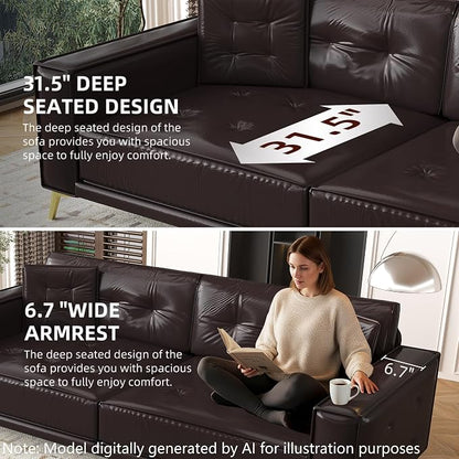 92.1'' Pull Out Sofa Bed King, Faux Leather Futon Couch, 3-in-1 Convertible Sleeper Sofa with Tufted Back, Gold Furniture Legs, Deep Loveseat for Living Room, Apartment, Office, Dark Brown