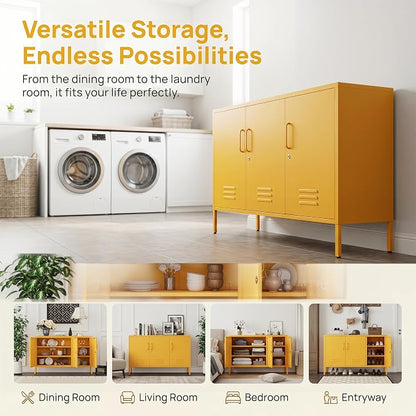 Yellow Wide Metal Storage Cabinet, 32" H Heavy Duty Steel Locker with Lock, 2 Adjustable Shelves & Ventilated Doors for Home Office Kitchen Living Room