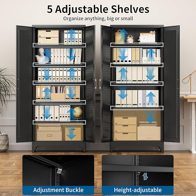 75" Metal Storage Cabinet with 5 Adjustable Shelves, Large Black Steel Pantry Cabinet with Doors, 180 lbs Max Load Per Shelf, Heavy Duty Utility Organizer for Garage & Workshop