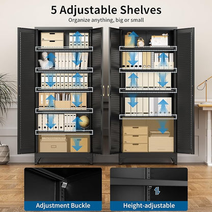 75" Metal Storage Cabinet with 5 Adjustable Shelves, Large Black Steel Pantry Cabinet with Doors, 180 lbs Max Load Per Shelf, Heavy Duty Utility Organizer for Garage & Workshop