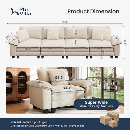 PHI VILLA Cloud Modular Couches Sets, 157.5" Sectional Sofa with Upholstered Deep Seat, 4-Seater Long Couches for Living Room Apartment, Chenille Fabric, Beige