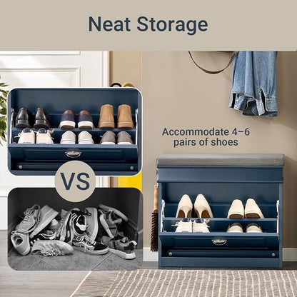 Haotian Small Shoe Storage Bench, Narrow Shoe Cabinet Entryway with 1 Flip-Drawer and Seat Cushion, Mini Shoe Rack Hallway Entrance Mudroom, Navy Blue FSR82-K-B