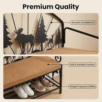 Bluecat 41.3" Entryway Shoe Bench,Rustic Metal with Forest Design, Padded Cushion Shoe Rack Bench for Hallway, Foyer, Cabin, Farmhouse Decor, Easy Assembly