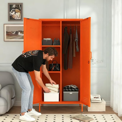 Industrial 67" Orange Lockable Metal 2-Door Storage Cabinet, Multi-Purpose Wardrobe with Hanging Rod & Adjustable Shelves, Heavy Duty for Bedroom, Garage, Home Office 67"H X 31.5"W X 18.1"D